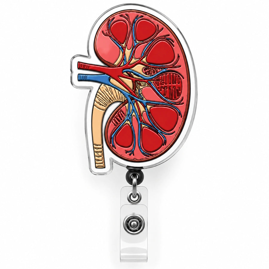 An anatomical kidney badge reel featuring a detailed illustration of a human kidney with red renal cortex, blue renal veins, and beige renal pelvis, complete with a clear retractable clip on a white background.