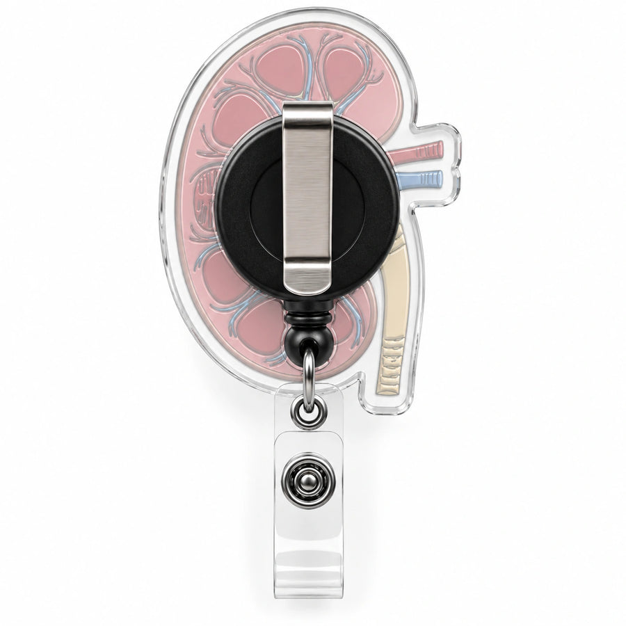 A clear acrylic badge reel holder shaped like a stylized anatomical kidney, featuring a pink and blue kidney design, a black and silver retractable clip, and a clear plastic mounting sleeve on a white background.
