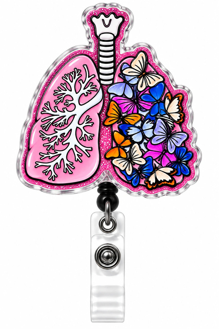 THRADS Pink Lungs & Butterflies Badge Reel™ — Acrylic Medical ID Clip