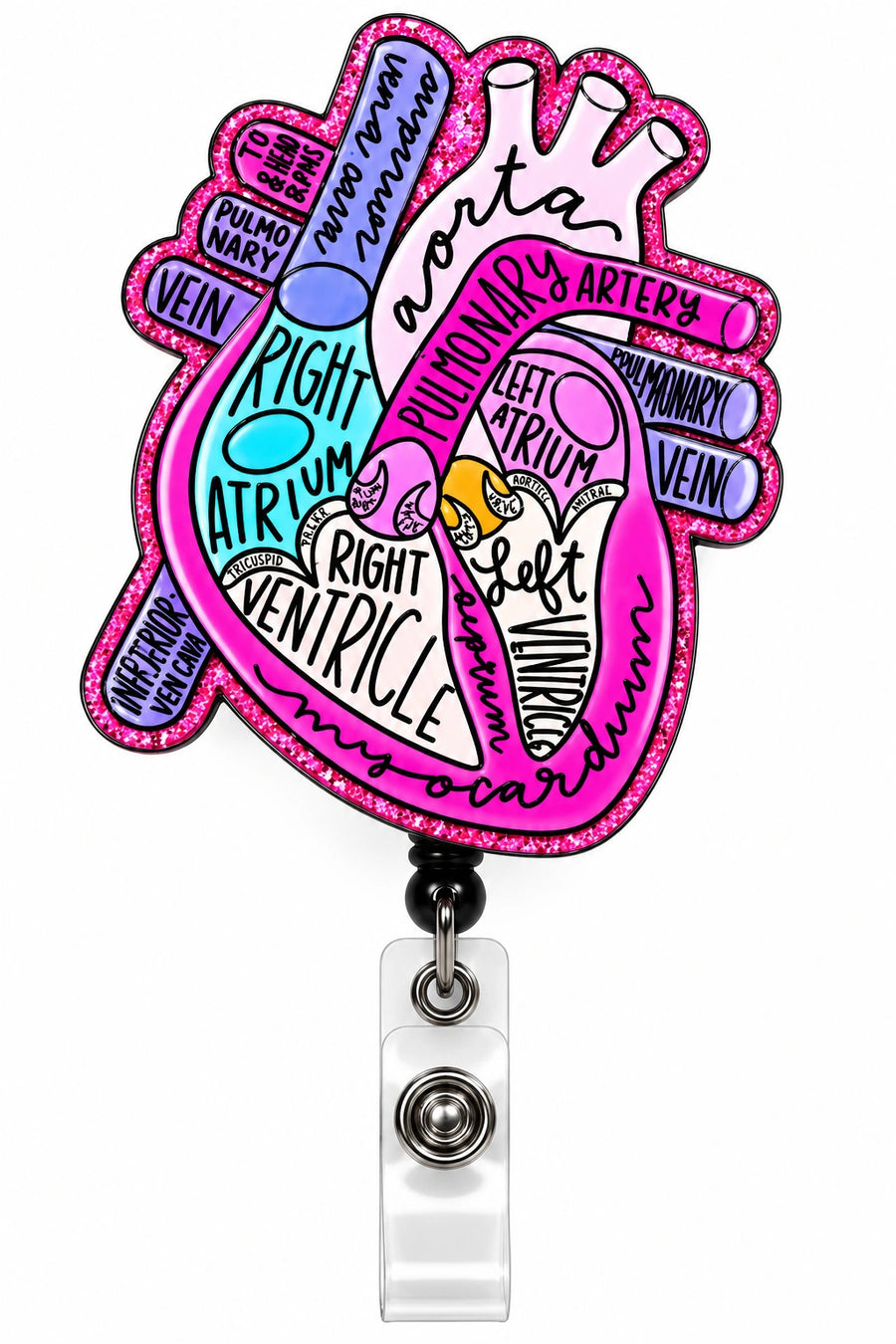 THRADS Pink Glitter Heart Anatomy Badge Reel™ — Acrylic Medical ID Clip