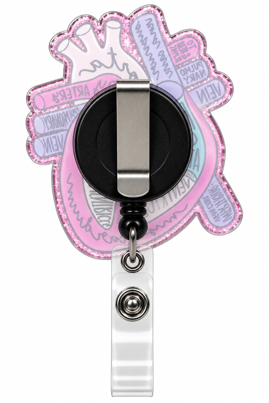 THRADS Pink Glitter Heart Anatomy Badge Reel™ — Acrylic Medical ID Clip