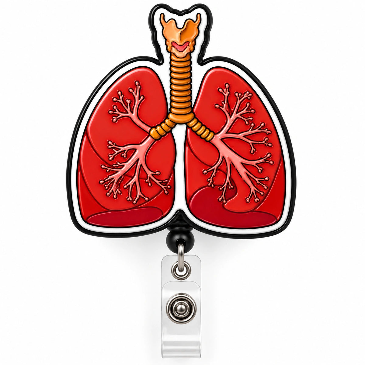An anatomical lungs-shaped badge reel with red lungs, orange bronchi, and a black-and-white border, attached to a clear retractable clip on a white background.
