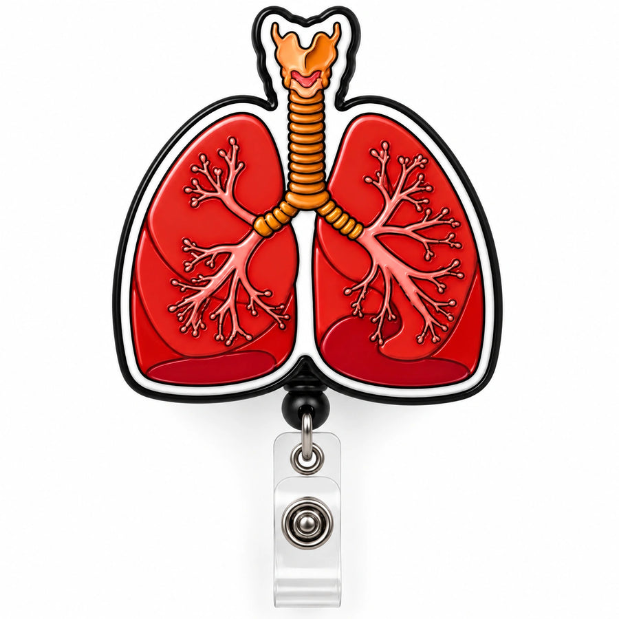 An anatomical lungs-shaped badge reel with red lungs, orange bronchi, and a black-and-white border, attached to a clear retractable clip on a white background.