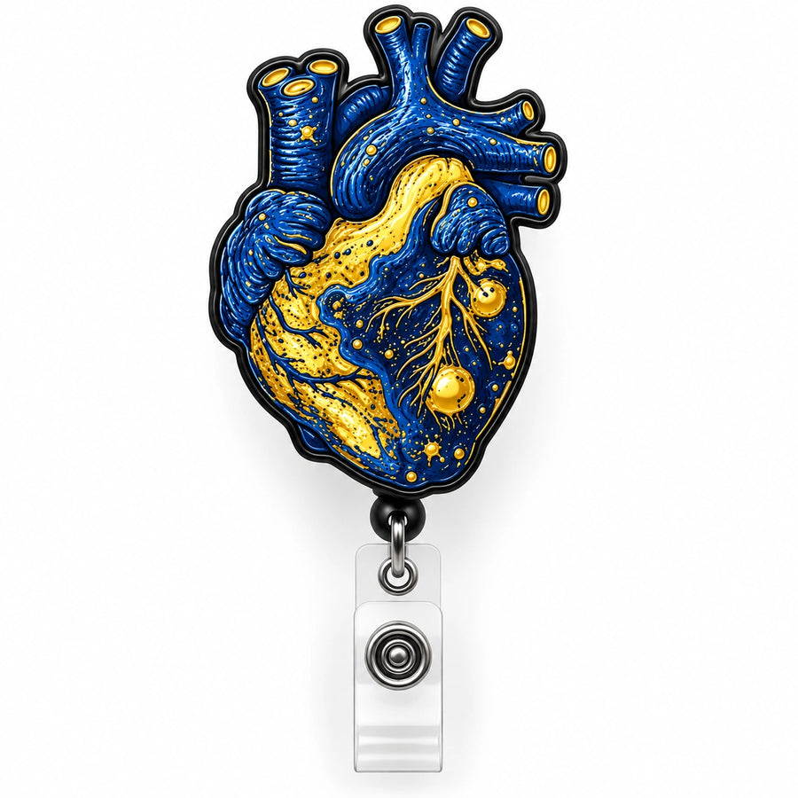 An anatomical heart badge reel featuring a detailed blue and gold heart design with black outlines, attached to a clear retractable clip on a white background.