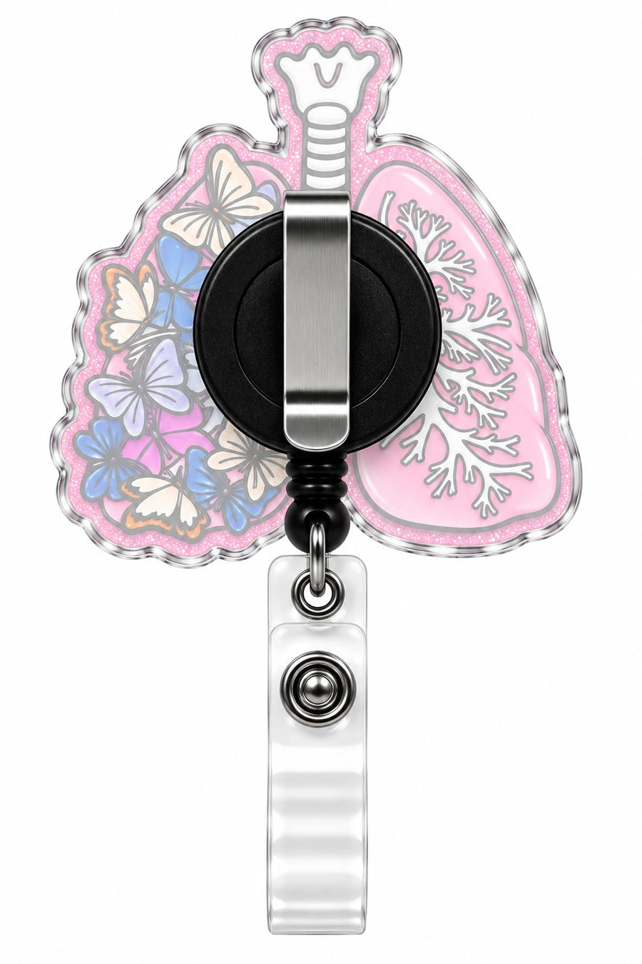THRADS Pink Lungs & Butterflies Badge Reel™ — Acrylic Medical ID Clip