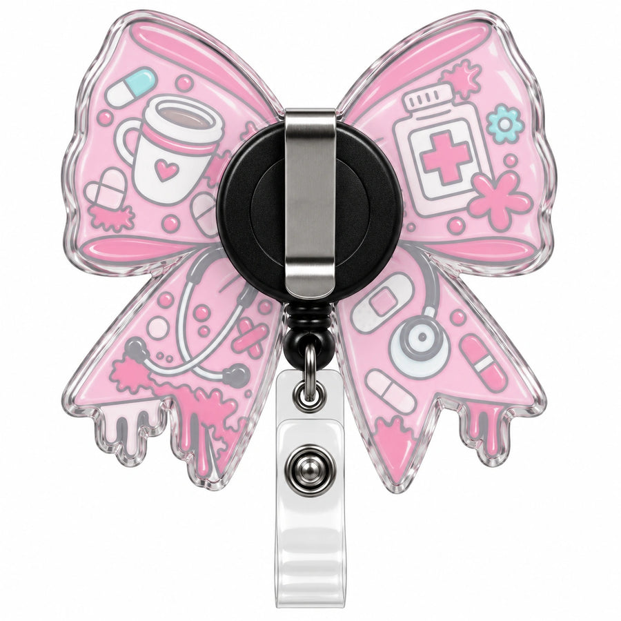 THRADS Pink Nurse Bow Badge Reel™ — Acrylic Medical ID Clip