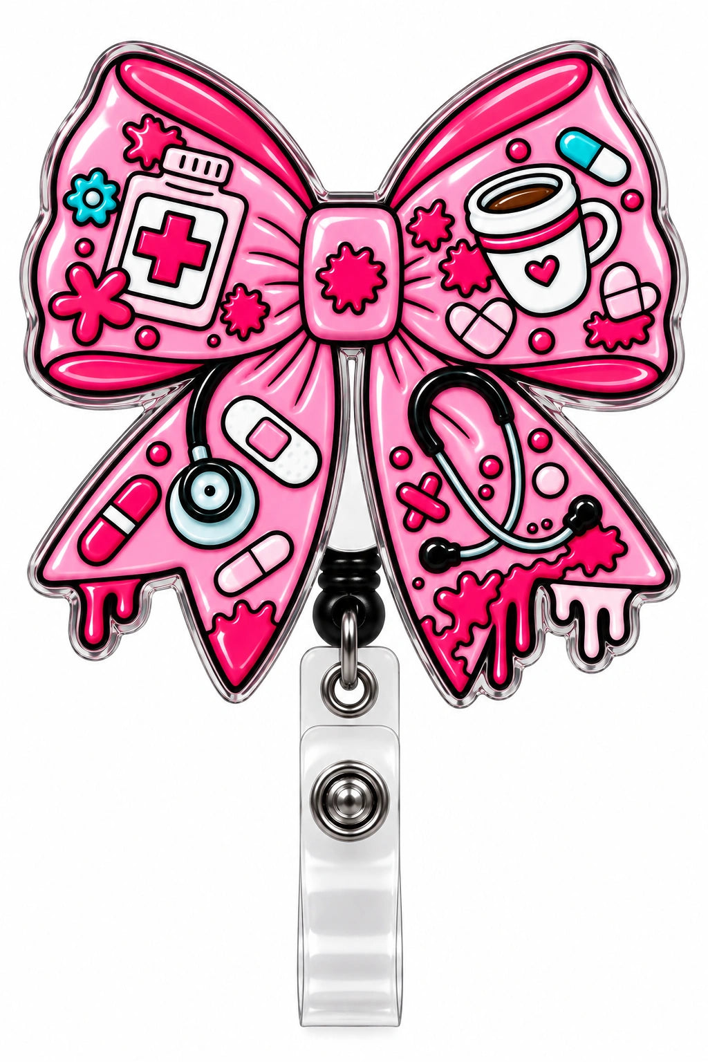 THRADS Pink Nurse Bow Badge Reel — Acrylic Medical ID Clip — product image 1
