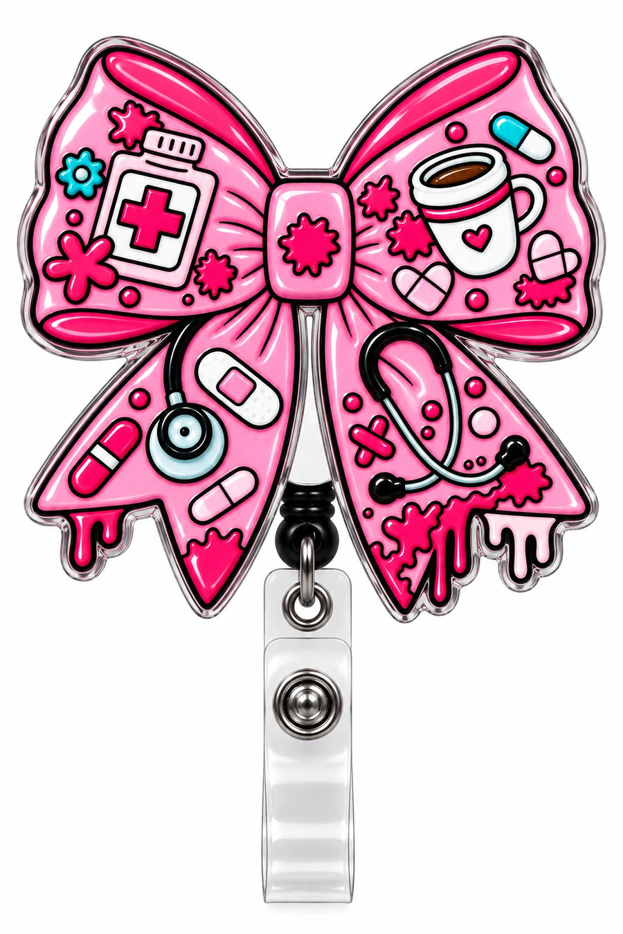 THRADS Pink Nurse Bow Badge Reel™ — Acrylic Medical ID Clip