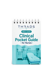 A spiral-bound pocket guide notebook titled 'THRADS Clinical Pocket Guide for Nurses' with a white top section and a teal medical room photo on the cover.