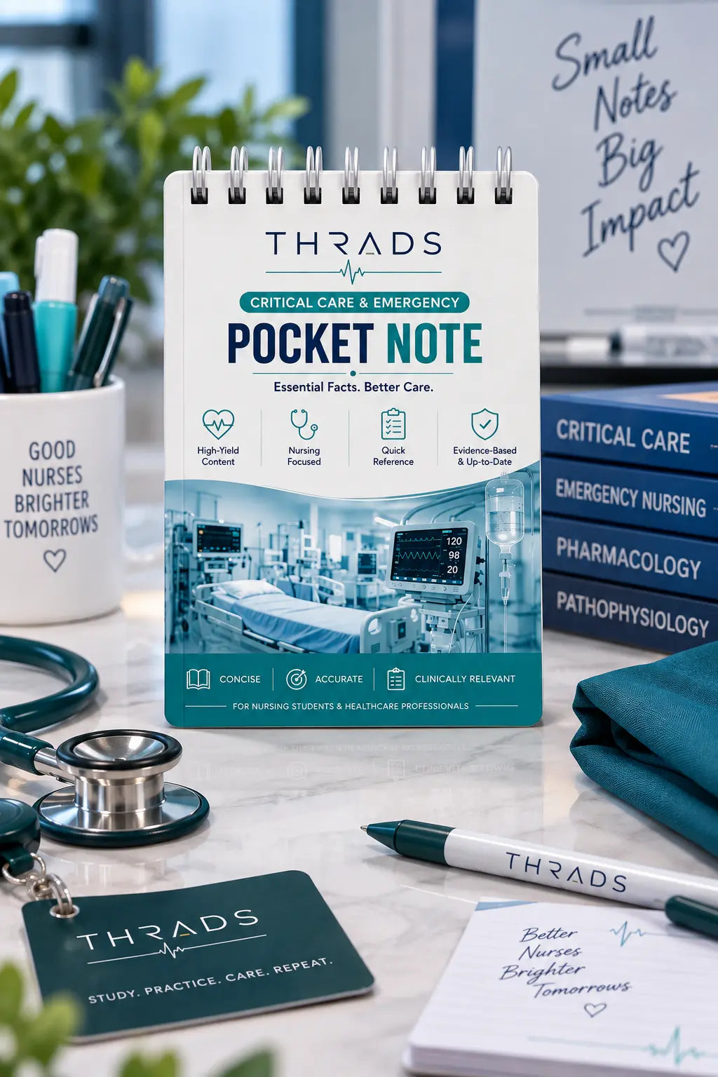 A spiral-bound THRDAS Pocket Note card holder stands upright on a marble desk, surrounded by nursing-themed stationery and medical props including a stethoscope, pens, a notebook, and a folded teal cloth. The product cover is white with teal and dark teal accents and a hospital interior photo near the bottom.
