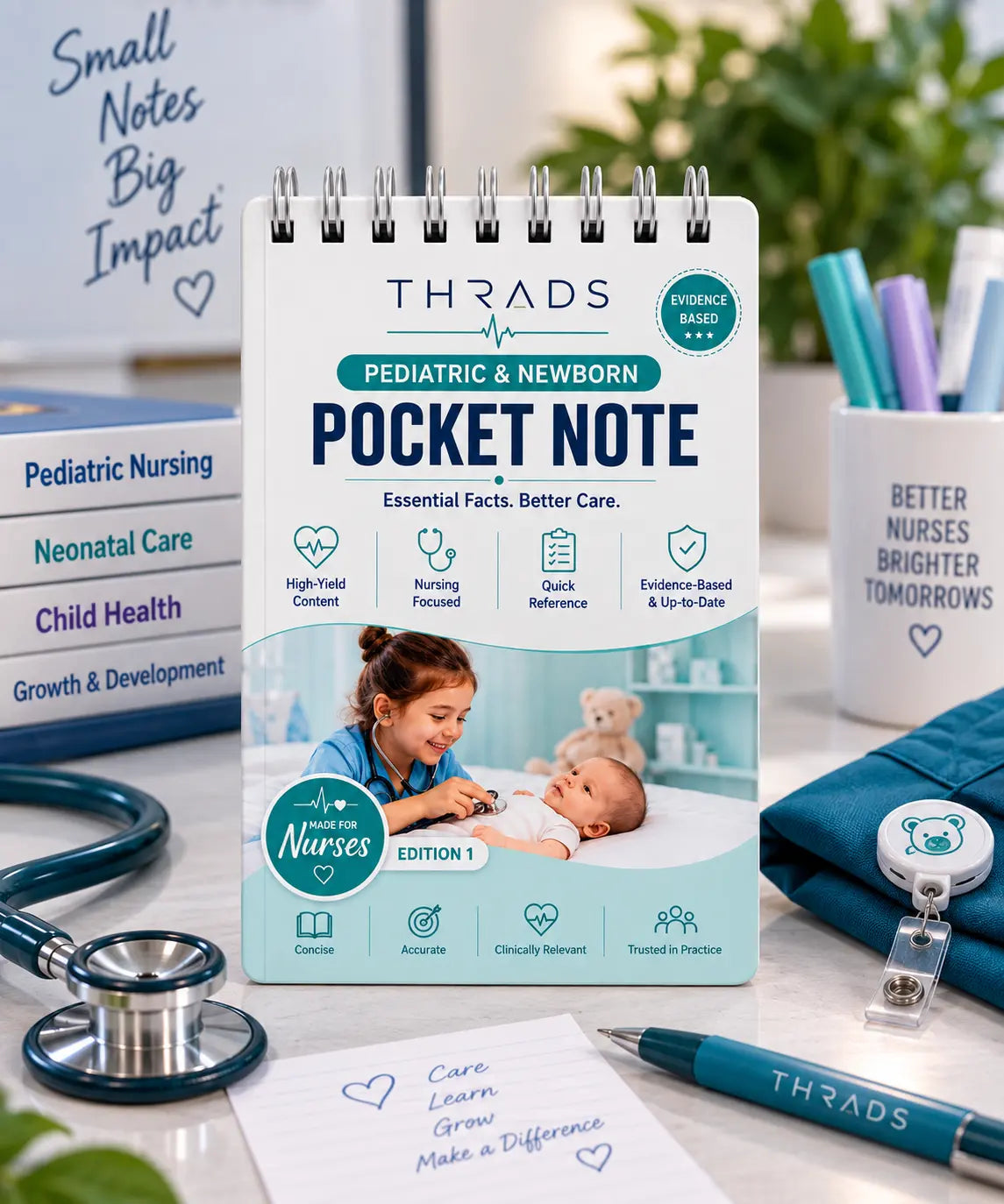 A spiral-bound pocket notebook titled 'THRADS Pediatric & Newborn Pocket Note' is displayed on a desk with medical-themed props including a stethoscope, pens, a badge reel, and stacked nursing books.