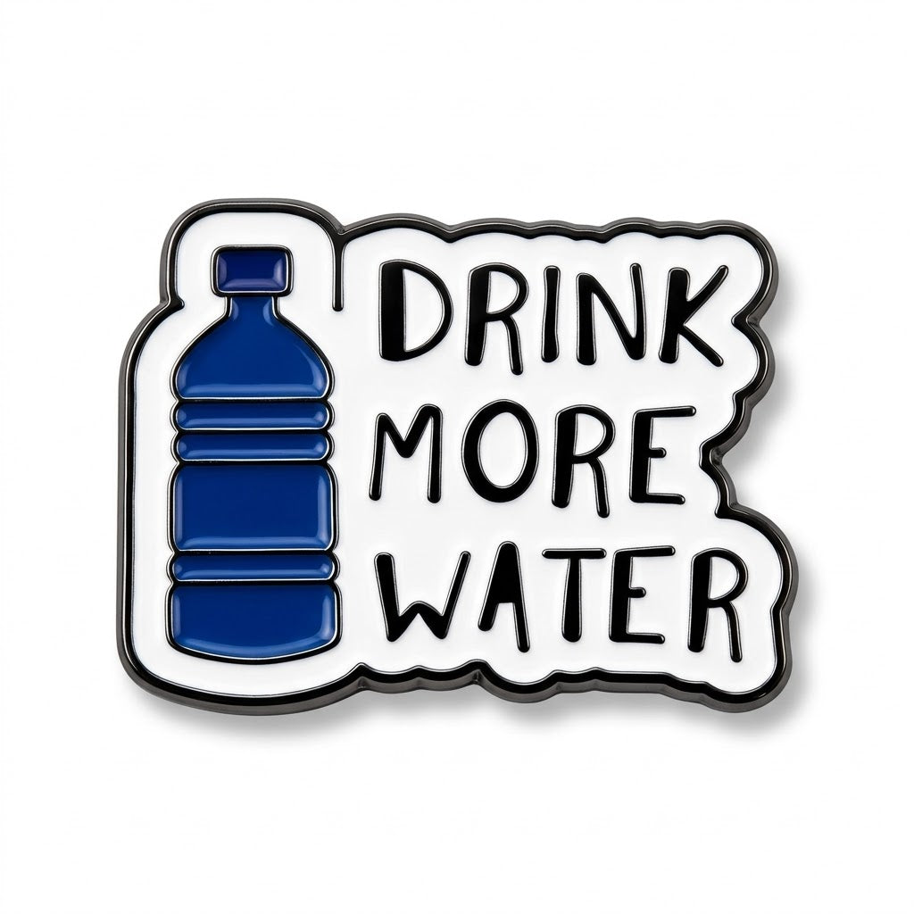 Drink More Water enamel metal brooch with blue water bottle and black lettering