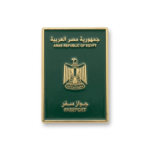 Egyptian passport inspired green and gold metal enamel brooch with eagle emblem