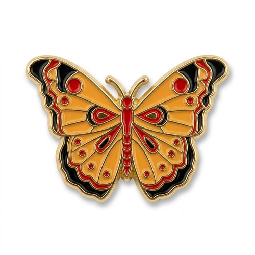 Orange, red and black butterfly enamel metal brooch with gold-tone outline