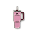 Pink tumbler-shaped metal brooch with silver-tone outline and pink enamel-style finish