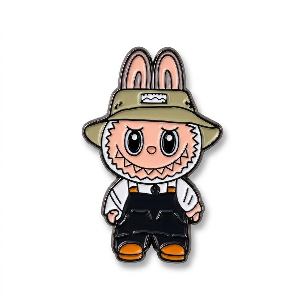 Cute cartoon rabbit character wearing a safari hat as a colorful enamel metal brooch